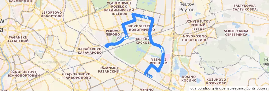 Mapa del recorrido Автобус 314: Метро "Выхино" => Станция Перово de la línea  en Eastern Administrative Okrug.