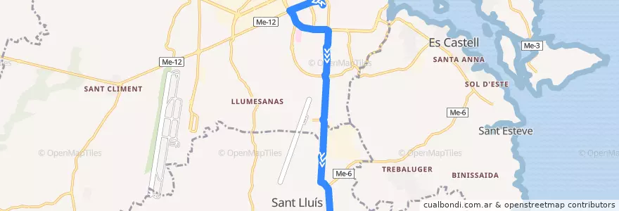 Mapa del recorrido Bus 03: Maó → Sant Lluís de la línea  en Minorque.