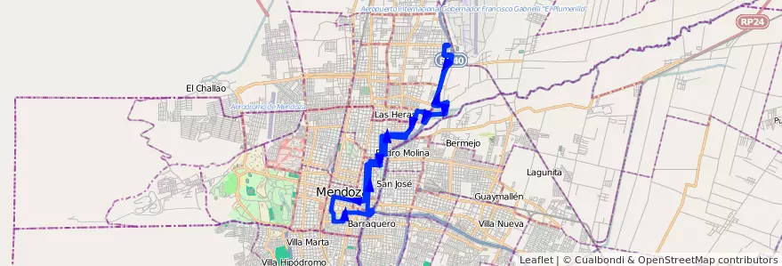 Mapa del recorrido 64 - UJEMVI - Casa de Gob. de la línea G06 en Mendoza.