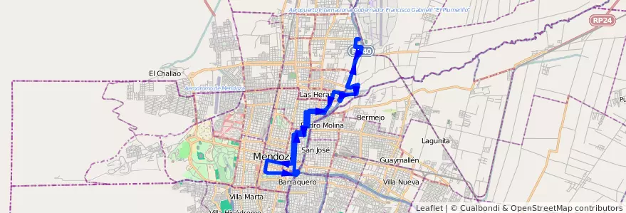 Mapa del recorrido 64 - UJEMVI de la línea G06 en Mendoza.