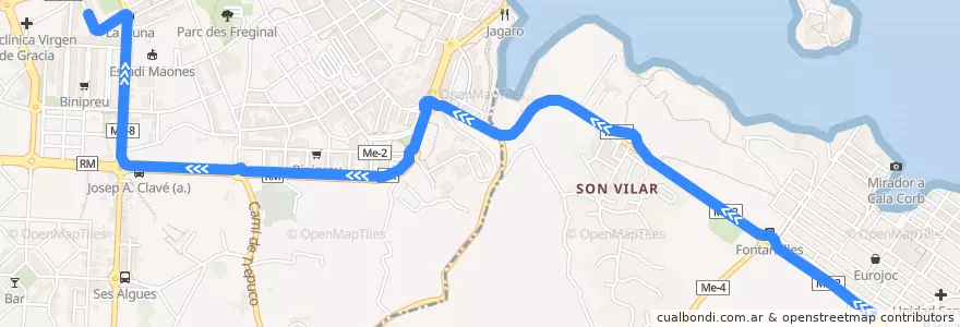 Mapa del recorrido Bus 02: Es Castell → Maó de la línea  en Menorca.