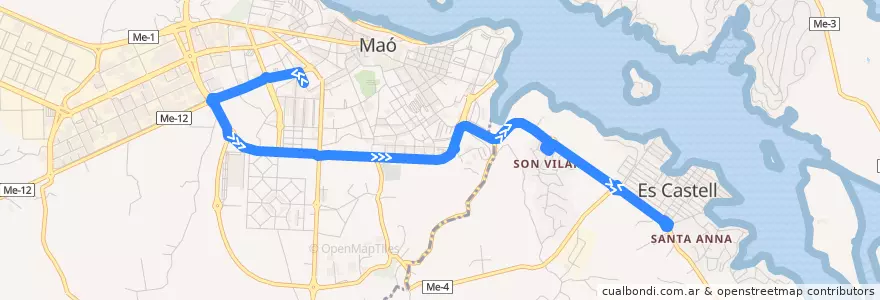 Mapa del recorrido Bus 02: Maó → Es Castell de la línea  en Menorca.