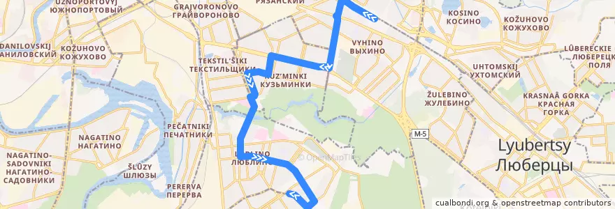 Mapa del recorrido Автобус 551: Метро "Выхино" - Улица Верхние Поля, 38 de la línea  en Юго-Восточный административный округ.