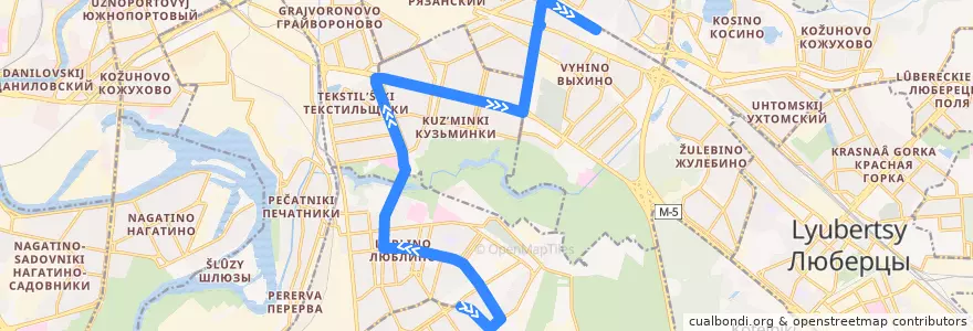 Mapa del recorrido Автобус 551: Улица Верхние Поля, 38 - Метро "Выхино" de la línea  en South-Eastern Administrative Okrug.