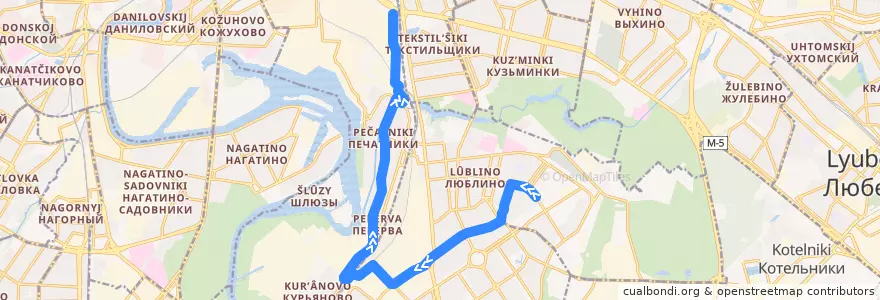 Mapa del recorrido Автобус 524: ТЦ Москва - Метро "Печатники" - Метро "Текстильщики" de la línea  en Юго-Восточный административный округ.