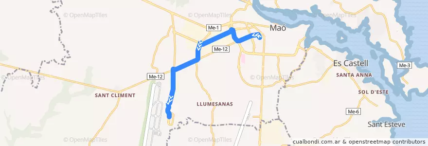 Mapa del recorrido Bus 10: Maó → Aeroport de la línea  en Maó.