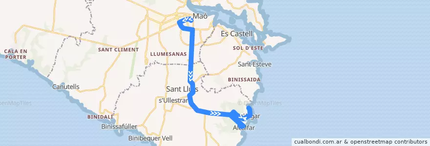 Mapa del recorrido Bus 91: Maó → S'Algar de la línea  en Menorca.