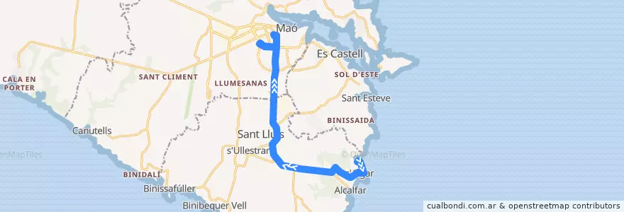 Mapa del recorrido Bus 91: S'Algar → Maó de la línea  en Minorque.