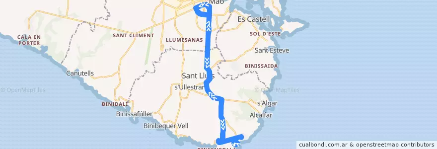 Mapa del recorrido Bus 92: Maó → Punta Prima de la línea  en Minorque.
