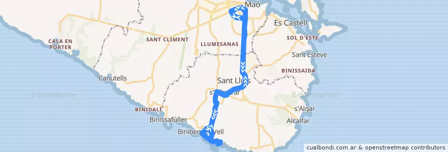 Mapa del recorrido Bus 93: Maó → Binibèquer de la línea  en Minorque.
