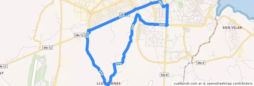 Mapa del recorrido Bus 19: Maó → Llucmaçanes de la línea  en Maó.