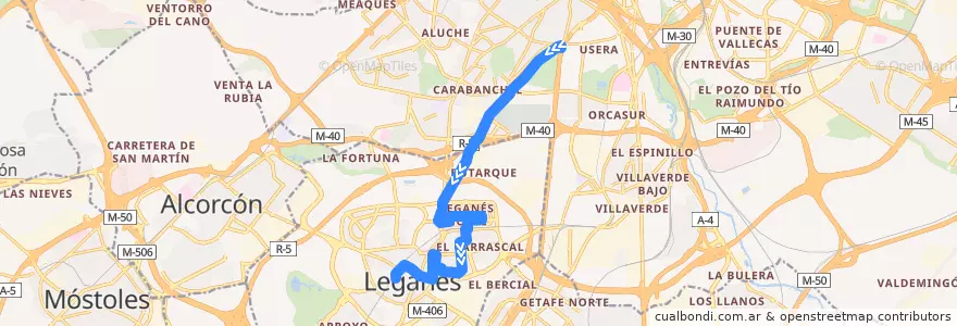 Mapa del recorrido Bus 480: Madrid (Plaza Elíptica) - Leganés Central de la línea  en Área metropolitana de Madrid y Corredor del Henares.