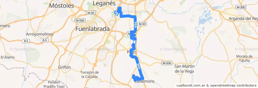 Mapa del recorrido 428: Getafe - Valdemoro de la línea  en Área metropolitana de Madrid y Corredor del Henares.