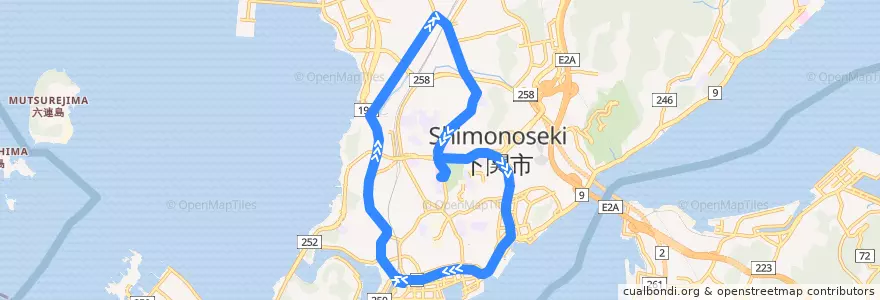 Mapa del recorrido 山の田循環 de la línea  en 下関市.