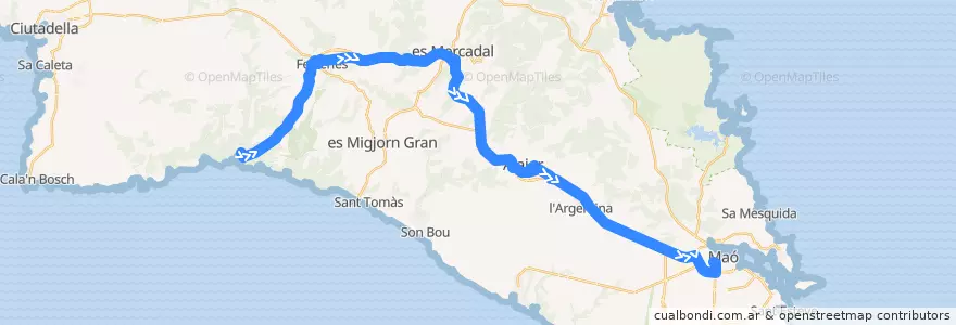 Mapa del recorrido Bus 51: Cala Galdana → Maó de la línea  en Menorca.
