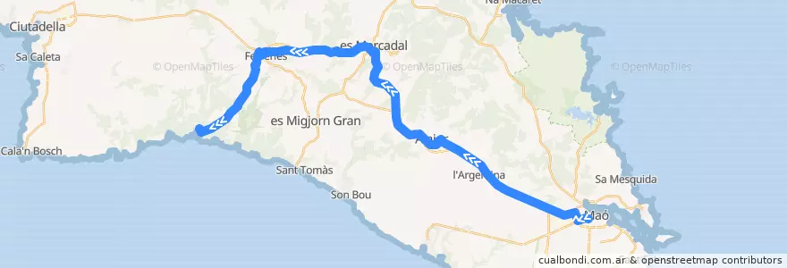 Mapa del recorrido Bus 51: Maó → Cala Galdana de la línea  en Menorca.