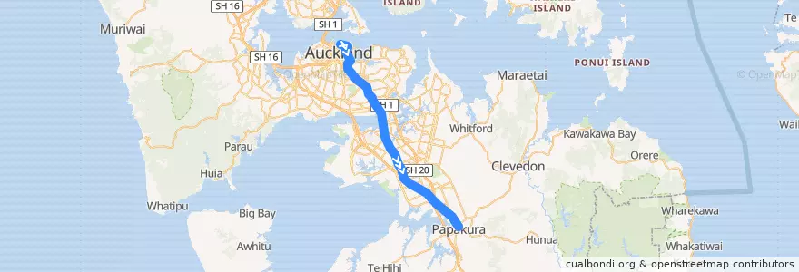 Mapa del recorrido Southern Line: Britomart => Papakura de la línea  en Auckland.