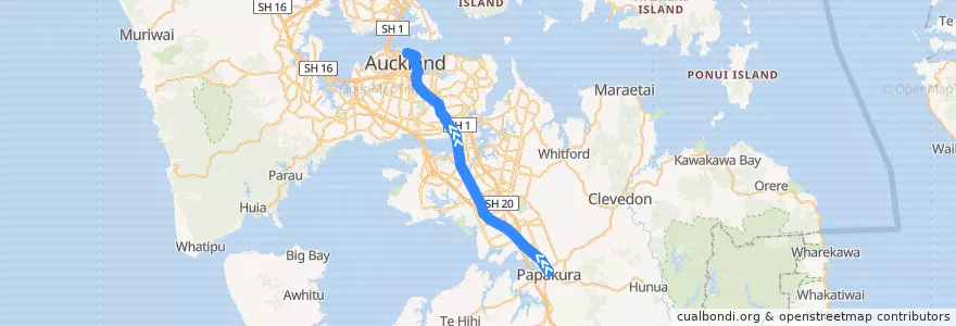 Mapa del recorrido Southern Line: Papakura => Britomart de la línea  en Auckland.