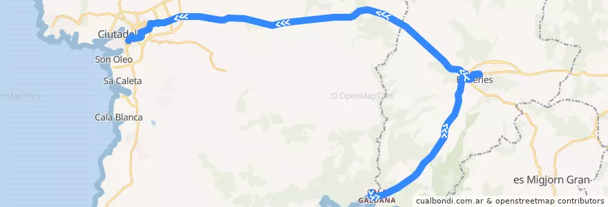 Mapa del recorrido Bus 52: Cala Galdana → Ciutadella de la línea  en Minorque.