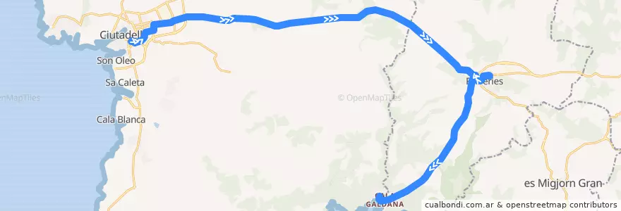 Mapa del recorrido Bus 52: Ciutadella → Cala Galdana de la línea  en Minorque.