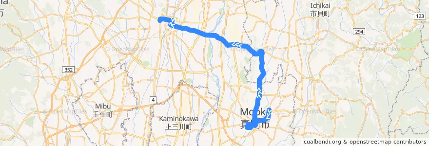 Mapa del recorrido 関東自動車バス 真岡営業所⇒水橋⇒宇都宮東武 de la línea  en 栃木県.