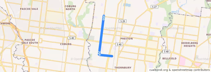 Mapa del recorrido Tram 11d: West Preston => Preston Workshops (Miller Street & St Georges Road) de la línea  en City of Darebin.