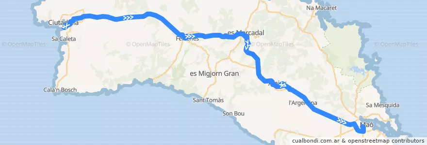 Mapa del recorrido Bus 01: Ciutadella → Maó de la línea  en Minorque.