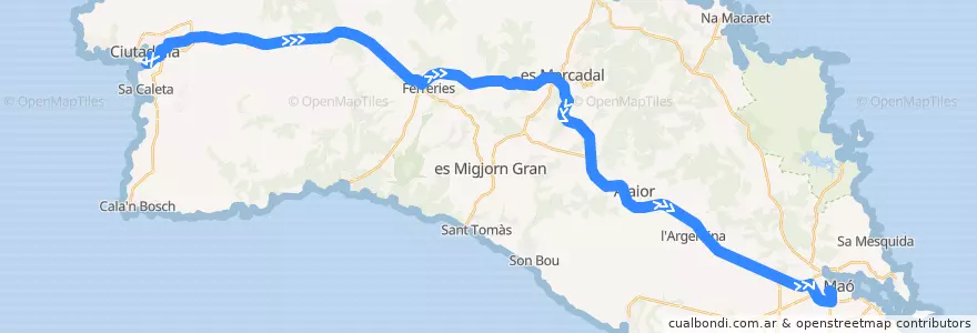 Mapa del recorrido Bus 14: Ciutadella → Maó de la línea  en Menorca.