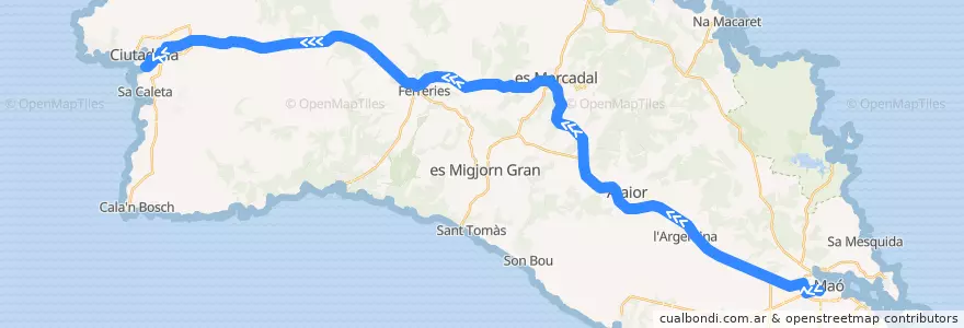 Mapa del recorrido Bus 14: Maó → Ciutadella de la línea  en Menorca.