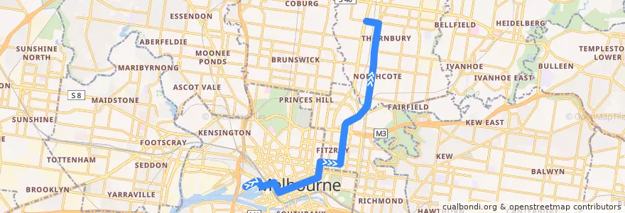 Mapa del recorrido Tram 86d: Waterfront City => Preston Workshops de la línea  en Victoria.