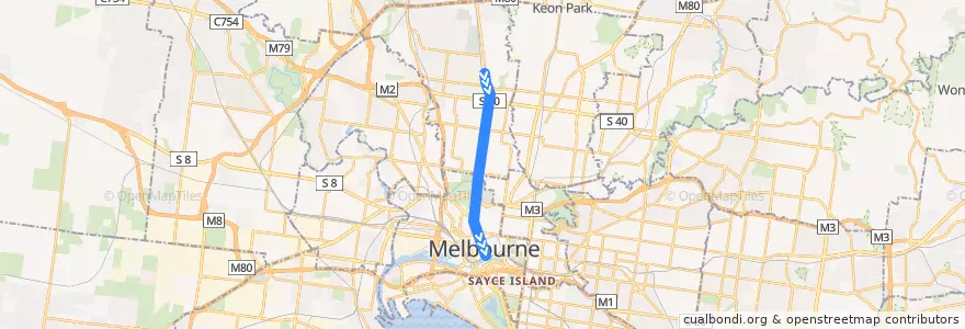 Mapa del recorrido Tram 19: North Coburg => Flinders Street railway station de la línea  en ビクトリア.