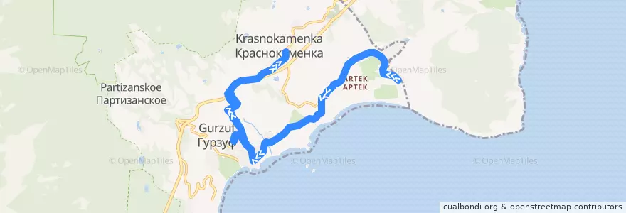 Mapa del recorrido "Автобус №2" Артек-Гурзуф-Краснокаменка de la línea  en Yalta city municipality.