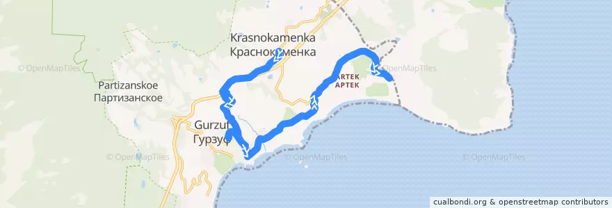 Mapa del recorrido "Автобус №2" Краснокаменка-Гурзуф-Артек de la línea  en Ялтинский городской совет.