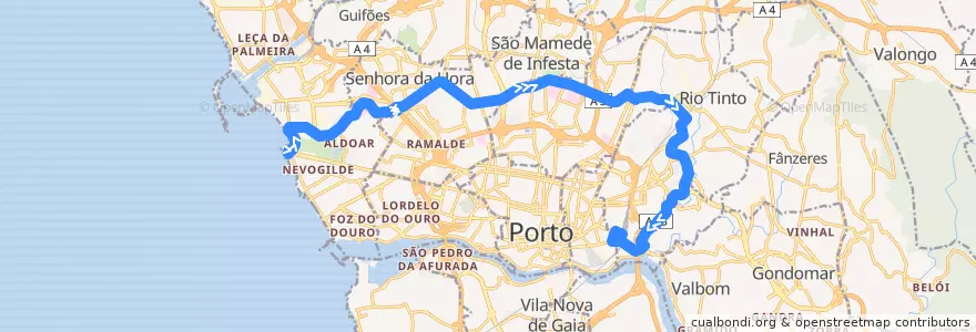 Mapa del recorrido 205: Campanhã => Castelo do Queijo de la línea  en Área Metropolitana do Porto.
