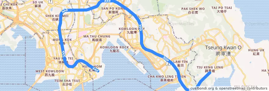 Mapa del recorrido 觀塘綫 Kwun Tong Line (黃埔 Whampoa → 調景嶺 Tiu Keng Leng) de la línea  en Kowloon.