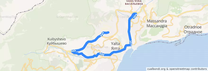 Mapa del recorrido Маршрут автобуса № 13: Автовокзал - Гипермаркет "Орегон" de la línea  en Stadtkreis Jalta.
