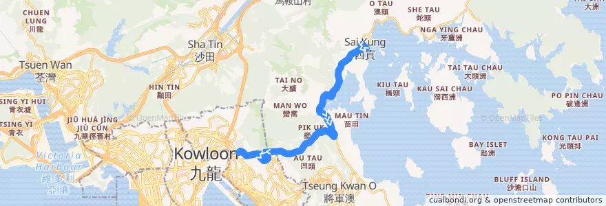 Mapa del recorrido 九巴92線 KMB 92 (西貢 Sai Kung → 彩虹站 Choi Hung Station (特快 Express)) de la línea  en 新界 New Territories.