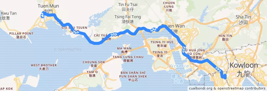 Mapa del recorrido 九巴59X線 KMB 59X (龍門居 Lung Mun Oasis → 旺角東站 Mong Kok East Station) de la línea  en Nuovi Territori.