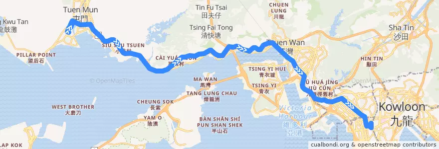 Mapa del recorrido 九巴59X線 KMB 59X (新屯門中心 Sun Tuen Mun Centre → 旺角東站 Mong Kok East Station (經龍門居 via Lung Mun Oasis)) de la línea  en Nouveaux Territoires.