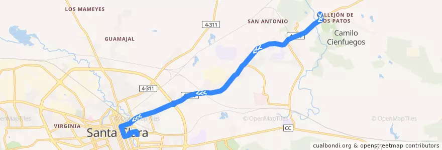 Mapa del recorrido Ruta 3 Regreso de la línea  en Ciudad de Santa Clara.