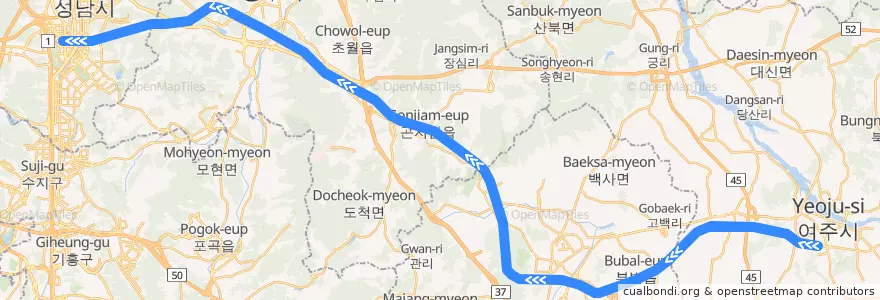 Mapa del recorrido 수도권 전철 경강선: 여주 → 판교 de la línea  en Gyeonggi-do.