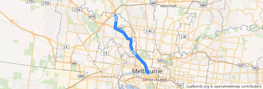 Mapa del recorrido Tram 59: Airport West => Flinders Street railway station de la línea  en ولاية فيكتوريا.