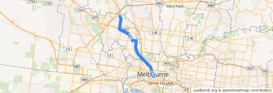 Mapa del recorrido Tram 59: Flinders Street railway station => Airport West de la línea  en ولاية فيكتوريا.