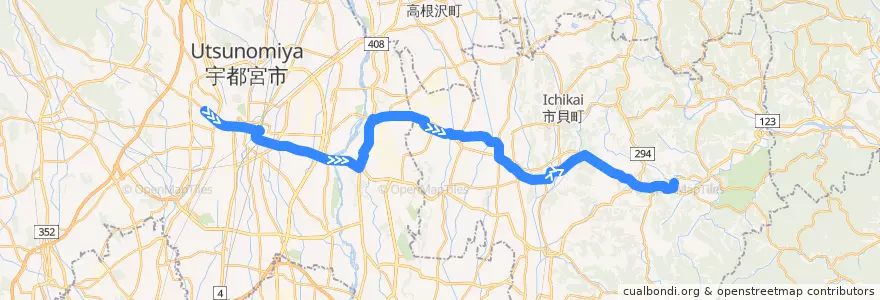 Mapa del recorrido JRバス関東水都西線 作新学院前⇒道場宿⇒茂木 de la línea  en 栃木県.