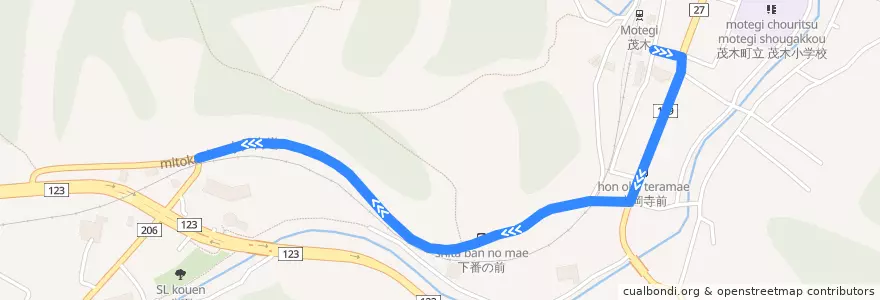 Mapa del recorrido JRバス関東水都西線 茂木⇒道の駅もてぎ北 de la línea  en 茂木町.