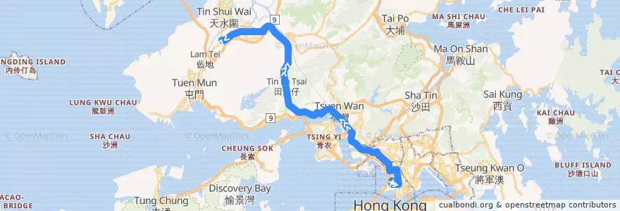Mapa del recorrido 九巴268X線 KMB 268X (西九龍站 West Kowloon Station → 洪水橋（洪福邨） Hung Shui Kiu (Hung Fuk Estate)) de la línea  en 新界.