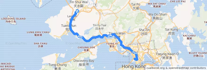 Mapa del recorrido 九巴63X線 KMB 63X (洪水橋（洪福邨） Hung Shui Kiu (Hung Fuk Estate) → 西九龍站 West Kowloon Station) de la línea  en 신제.