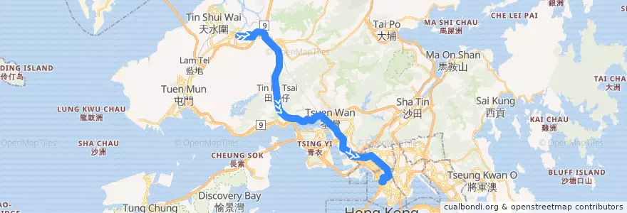 Mapa del recorrido 九巴68X線 KMB 68X (元朗（西） Yuen Long (West) → 旺角（柏景灣） Mong Kok (Park Avenue)) de la línea  en 新界.