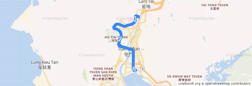 Mapa del recorrido 輕鐵505綫 Light Rail 505 (三聖 Sam Shing → 兆康 Siu Hong) de la línea  en 屯門區 Tuen Mun District.