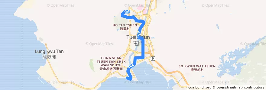 Mapa del recorrido 輕鐵507綫 Light Rail 507 (田景 Tin King → 屯門碼頭 Tuen Mun Ferry Pier) de la línea  en Tuen Mun District.
